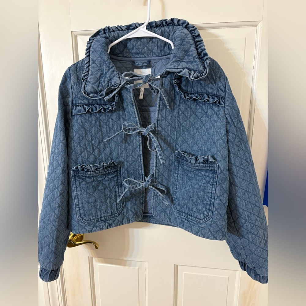 Anthropologie Avec Les Filles Quilted Denim Blue Jacket with Ruffle Trim